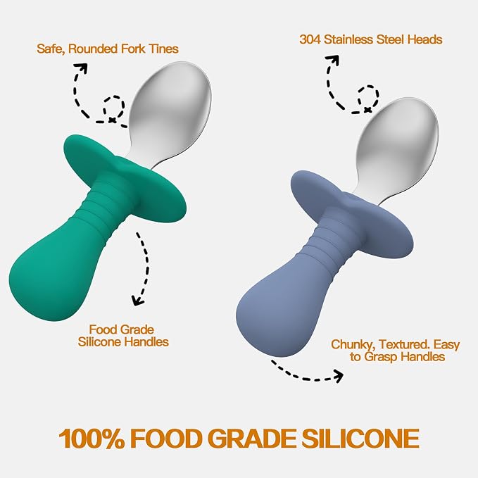 Baby Spoons Toddler Spoons for Self Feeding, Kids Spoons with Silicone Round Handle, Stainless Steel Toddler Utensils Children Safe Silverware Set, Anti-Choke Design, BPA Free (Grey, Lite Blue)