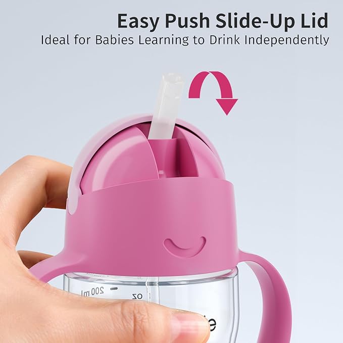 Evorie Tritan Weighted Straw Sippy Cup with Handles for Baby and Toddlers, Spill Proof Baby Water Bottle with Straw for 6 Months and up, 7 Oz, Infant Training Water Bottle (Strawberry)