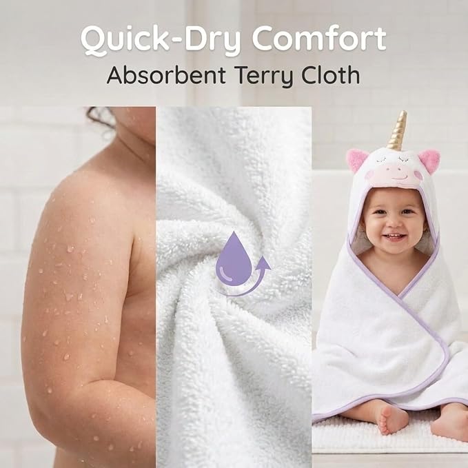 EVERYDAY KIDS Hooded Baby Toddler Bath Towel for Girls - 3D White Unicorn Towel with Horn; Soft and Absorbent Terry Cloth Hooded Towel for Young Kids; Baby Girl Bath Essential