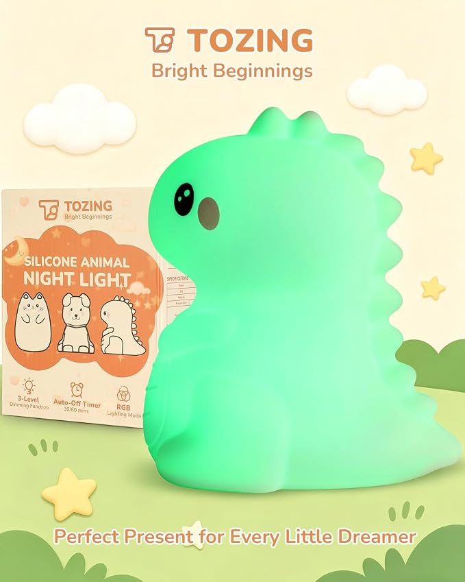Night Light for Kids, LED Dinosaurs Squishy Animal Lamp for Baby, Soft Silicone Dimmable Bedside Touch Light with Timer, Battery Rechargeable Nightlight Boys Gifts Cute Room Decor