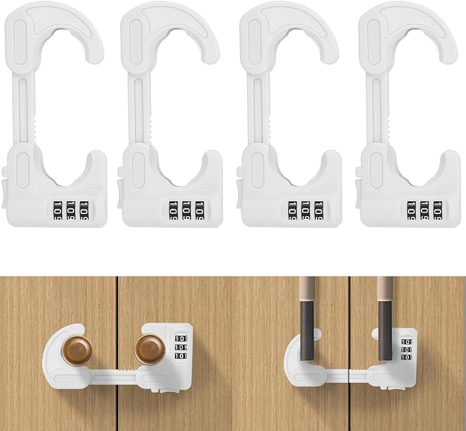 4 Pack U-Shaped Cabinet Locks with Combination Baby Proofing Cabinet Lock Child Proof Sliding Cabinet Door Locks Adjustable Drawers Cupboard Locks Baby Safety Cabinet Latches for Knob Handle (White)