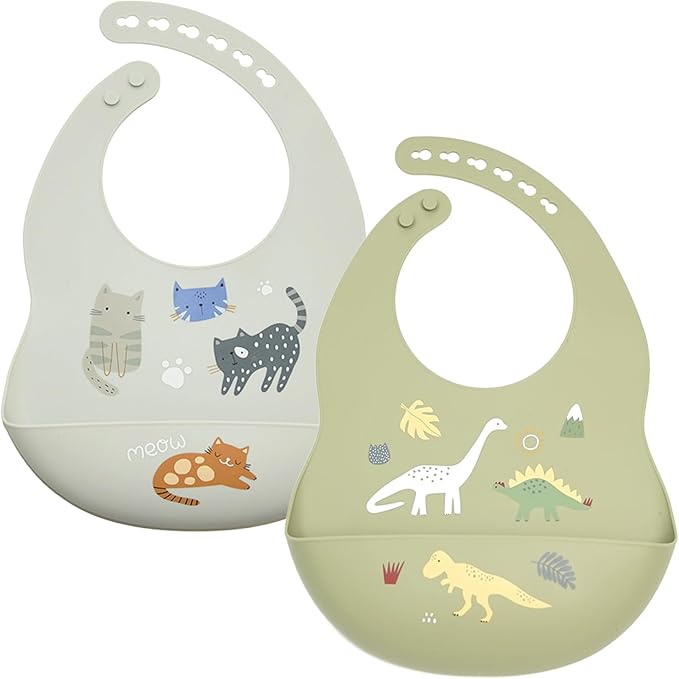Baby Silicone Bibs 2 Sets Baby Bibs with Food Catcher for Girls Boys Toddlers BPA Free Waterproof Soft Durable