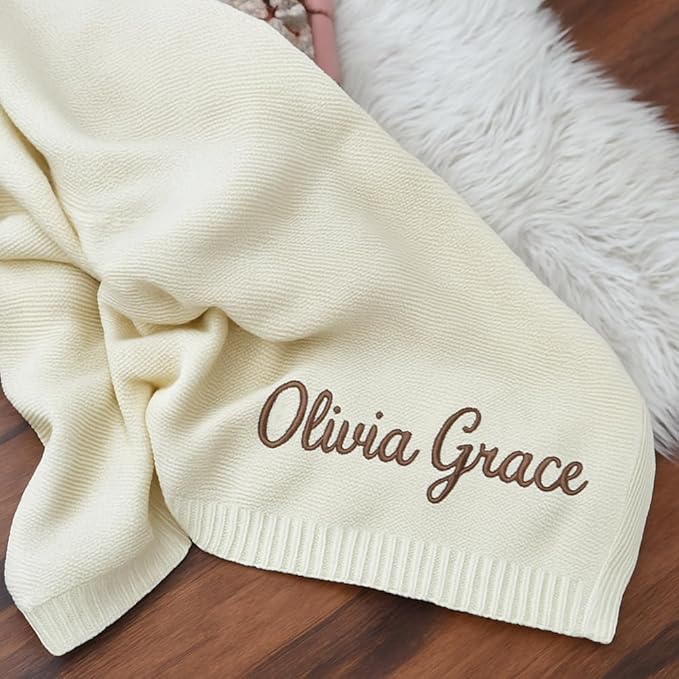 Personalized Baby Knit Blanket Custom Embroidered Cotton Blanket for Newborns Nursery Essentials Stroller Cover, Holiday, Thoughtful Keepsake for New Parents.