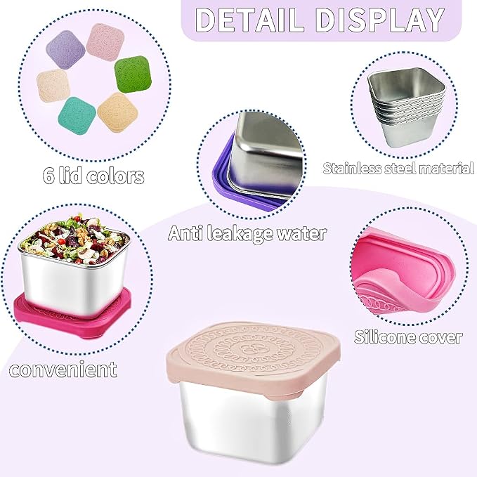 HTEVW 6Pack 6oz Stainless Steel Snack Containers for Kids, Easy Open Leak Proof Metal Toddler Snack Containers with Silicone Lids, Stackable Metal Toddler Lunch Box for School-U.S.Design Patent