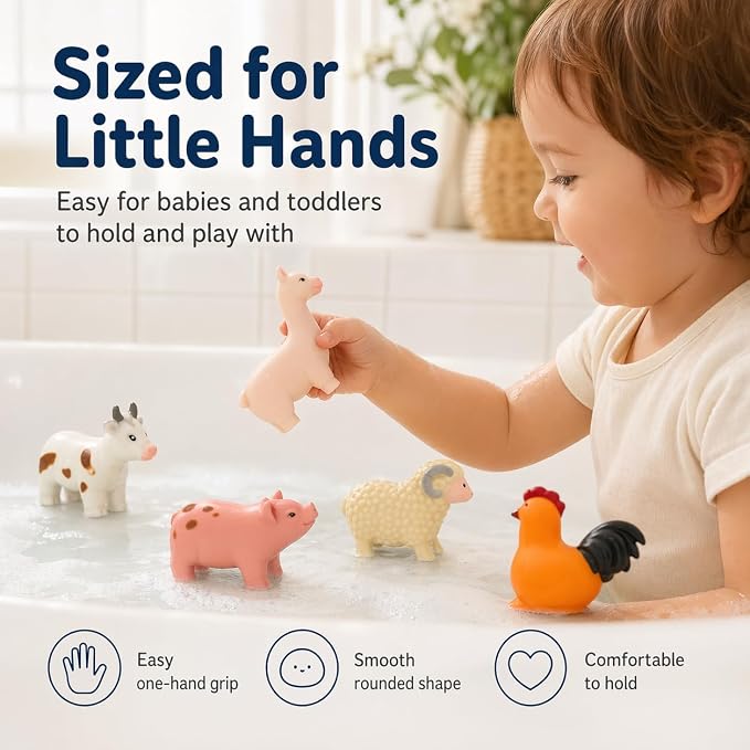 No Hole Bath Toys for Babies, 6 Pack Sealed Farm Animal Bath Toys for Toddlers 1-3 with Mesh Storage Bag, Soft Non-Squirting Baby Water Toys, Cow Pig Horse Sheep Chicken Alpaca