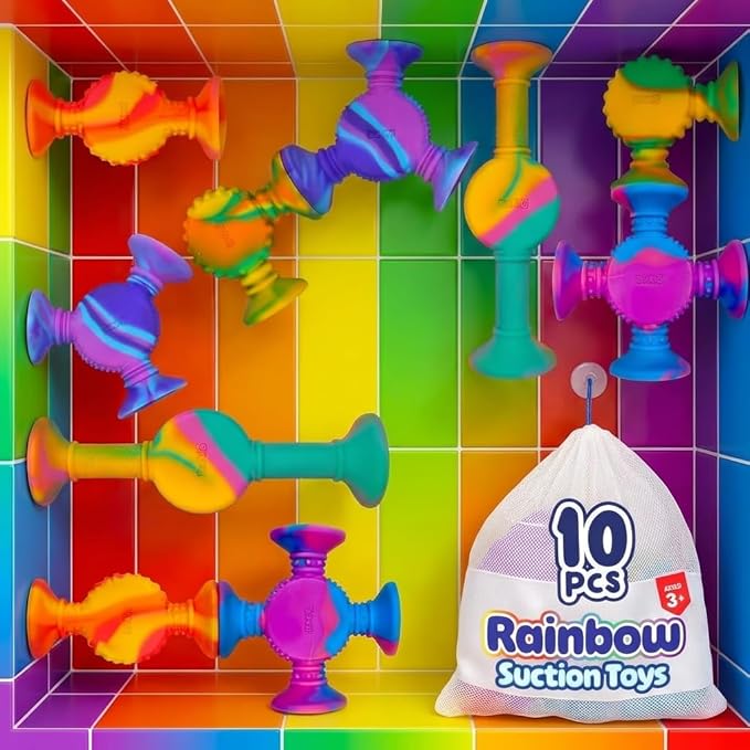 BUNMO Rainbow Textured Suction Toys ??10 Pack | Bath Toys and Suction Toys | Silicone Kids Bath Toys for Kids Ages 3+ | Bathtub Toys, Shower Toys & Travel | BPA-Free