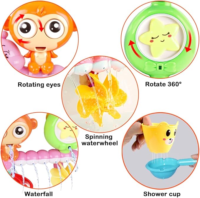 G-WACK Bath Toys for Toddlers Age 1 2 3 Year Old Girl Boy, Preschool New Born Baby Bathtub Water Toys, Durable Interactive Multicolored Infant Toy, Lovely Monkey Caterpillar,Strong Suction Cups Pink