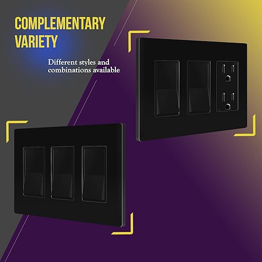 ENERLITES - SI8833-BK-STICKER Screwless Decorator Wall Plates Child Safe Outlet Covers, Size 3-Gang 4.68" H x 6.53??L, Unbreakable Polycarbonate Thermoplastic, SI8833-BK, Glossy, Black