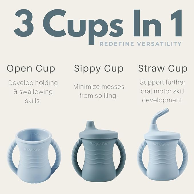 PandaEar Silicone Training Cup, 2 Pack Baby Drinking Sippy Cups with Handles & Straw for Baby and Toddler 6 Months+ (Dark Blue/Light Blue)