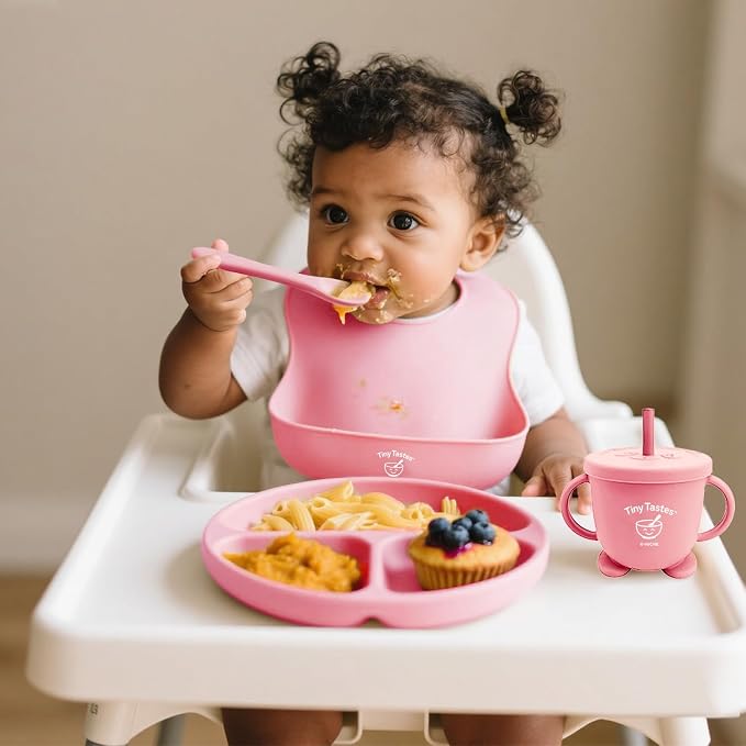 10-Piece Silicone Baby Feeding Set – BPA-Free, Spill-Proof Suction Plate, Bowl, Bib, Snack Cup & Utensils | Dishwasher Safe, Baby Gift Ready (Light Pink)