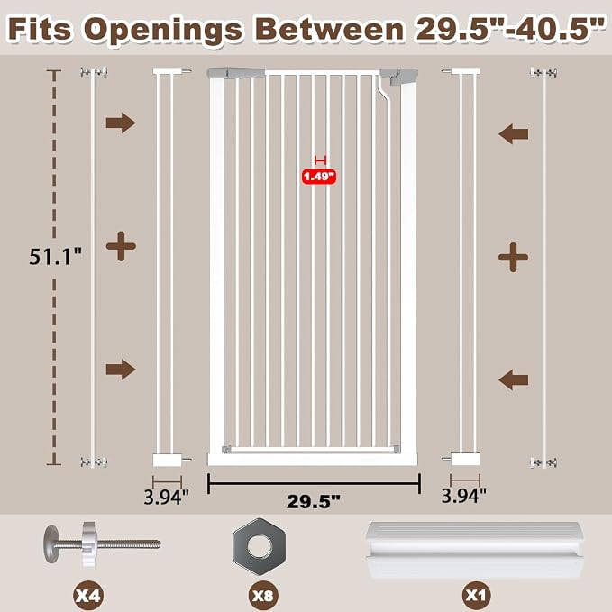 Fairy Baby 51.1" High Extra Tall Pet Gate, 29.5"-40.5" Wide Baby Gate No Drill, Metal Auto Close Child Safety Gate Dog Gates for Doorways, Pressure Mounted Walk Thru Swing Cat Gate, White
