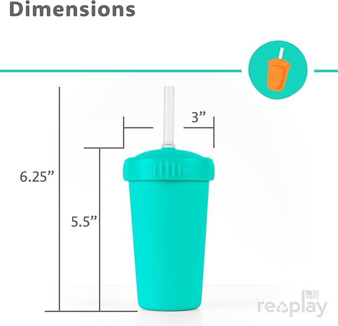 Re-Play 10 oz. Straw Cups for Kids with Silicone Locking Straws - Dishwasher & Microwave Safe - Made in USA - Set of 4-7.37" x 7.37" x 1.25" - Mermaid