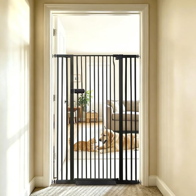 Lumizone Extra Tall Cat Gate 55.12" High Pressure Mounted 29.92"-42.51" Extra Wide 1.37" Gap No Drilling Auto-Close One-Handed Operation Tall Pet Gate for Dogs(Black, 55.12" H x 29.92"-42.51" W)