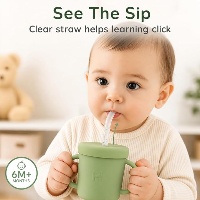 Stainless Steel Straw Cup for Toddlers 1-3, 6oz | Spill & Leak Proof Transition Cup, Sippy Cup Alternative | Clear Bendy Straw with Valve & 2 Handles | Baby Led Weaning | Dishwasher Safe