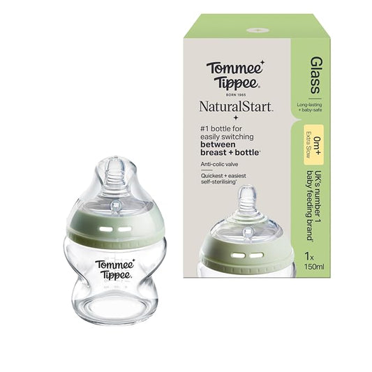 Tommee Tippee Closer to Nature Glass Baby Bottle, Slow Flow Breast-Like Teat with Anti-Colic Valve, 150ml, Pack of 1, Clear