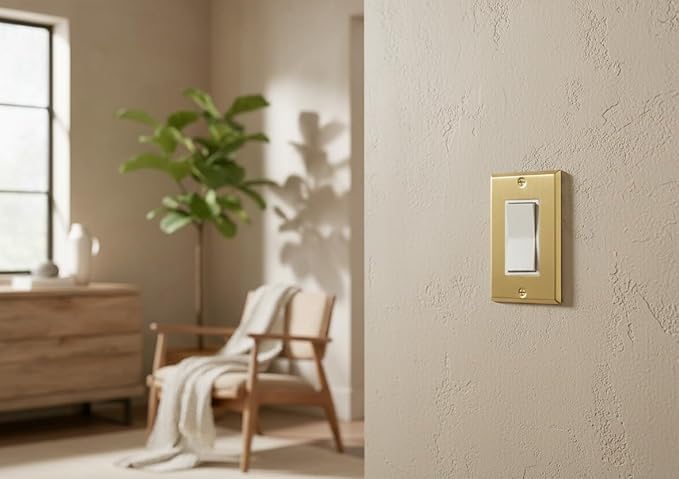Rio Salto BRASS Signature Collection Brushed Brass Gold Metal Outlet Cover, Decorative Light Switch Cover Plate Wall Plate, Premium, Rocker 1-Gang, 2.75" X 4.50" Standard Size