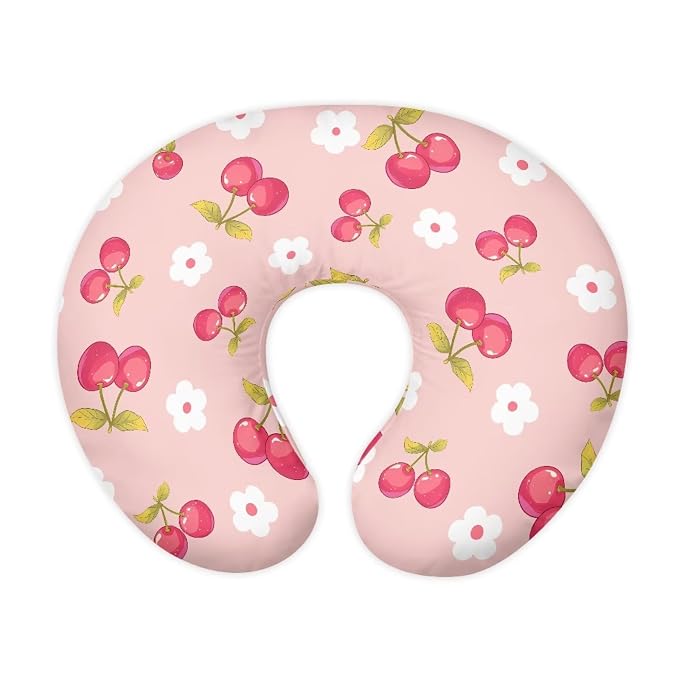 Pink Cherry and Floral Nursing Pillow Cover Slipcover for Breastfeeding Pillows, Soft and Stretchy Safely Breastfeeding Pillow Cover Easy to Clean