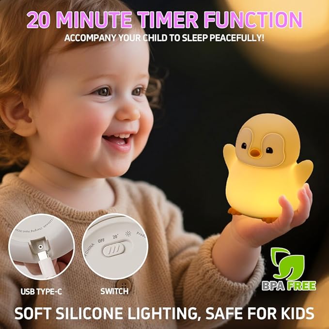Penguin Night Light for Kids, Cute Squishy Lamp Rechargeable Night Lamp, Penguin LED Novelty Bedside Light, 2 Level Dimmable, Silicone Nursery Table Lamp Room Decor, Nightlights Gifts for Girls Boys