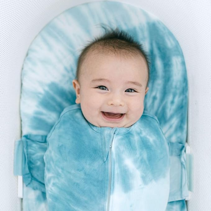 Happiest Baby SNOO Sleep Sack - 100% Organic Cotton Baby Swaddle Blanket - Doctor Designed Promotes Healthy Hip Development (Tie Dye Blue, Large)