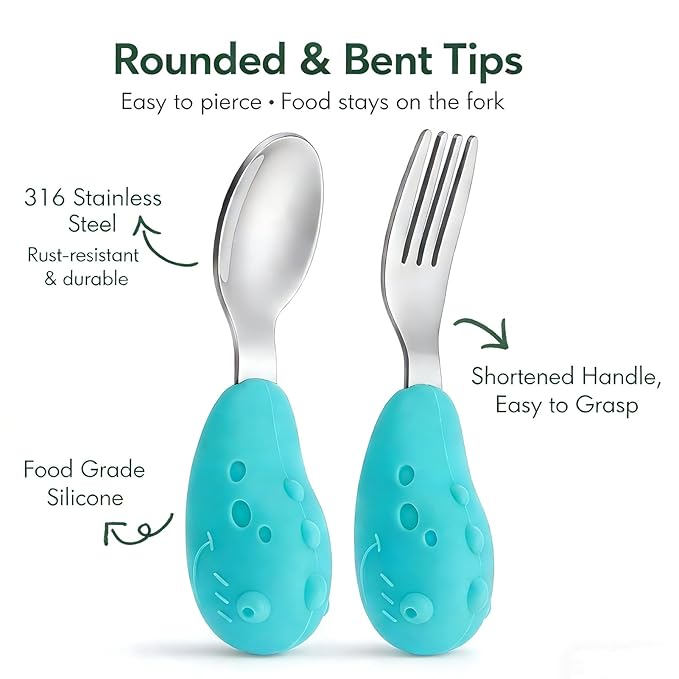 Baby Fork and Spoon Set with Carry Case Baby Training Utensils Self Feeding Toddler Silverware Silicone and Stainless Steel Kids and Toddler Utensil Set-Dinosaur
