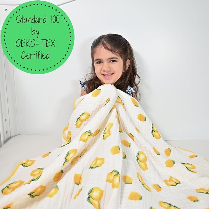 LollyBanks Muslin Baby Quilt, 100% Cotton Baby Blanket for Boys and Girls, Large 47 x 47 Inches Versatile Crib Blanket, 6 Layers Newborn Blanket, Durable Baby Bedding, Registry (Sunny Lemon Print)