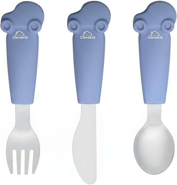 Stainless Steel Silverware Set – Silicone Handle Fork, Spoon & Knife – BPA-Free, Self-Feeding Toddler Utensils | Car Design (Blue)