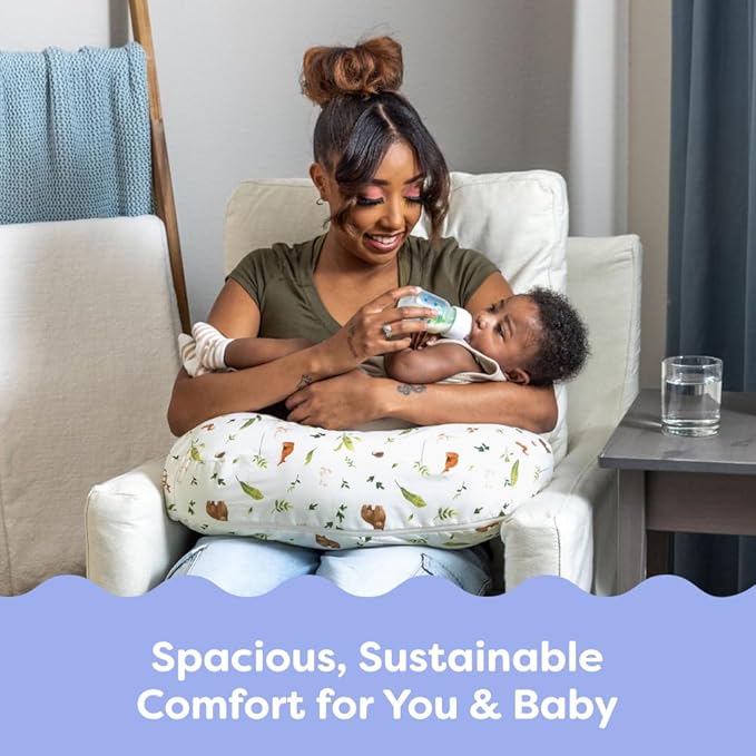 Boppy Nursing Pillow - Firm, Ergonomic U-Shaped Bottle and Breastfeeding Pillow with High Lift for Comfort and Support, Spacious Surface - Neutral Plants and Animals