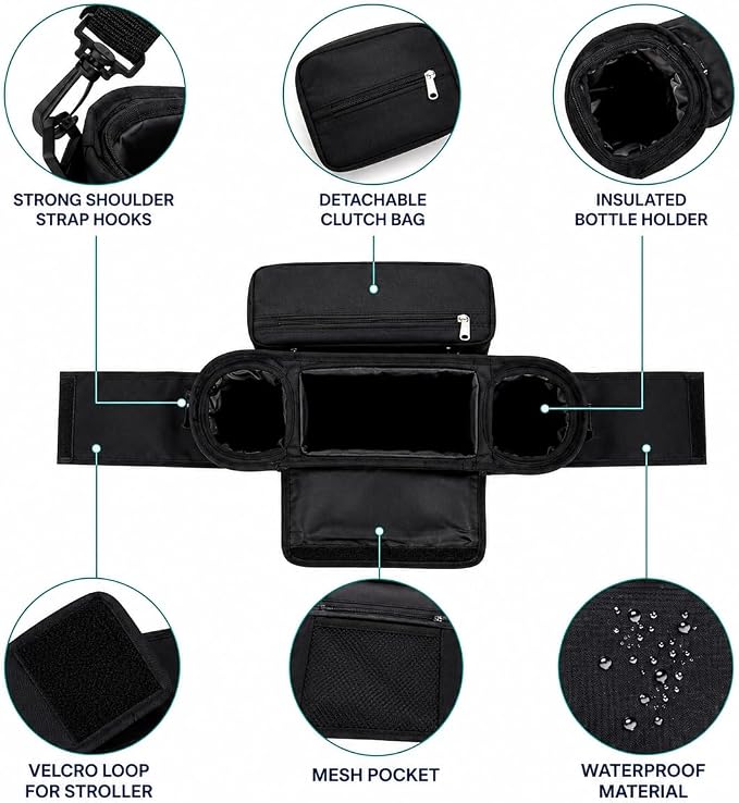 Stroller Organizer with Insulated Cup Holders and Detachable Pouch Universal Stroller Caddy Bag with Phone Pocket and Storage for Baby Essentials and Travel Accessories