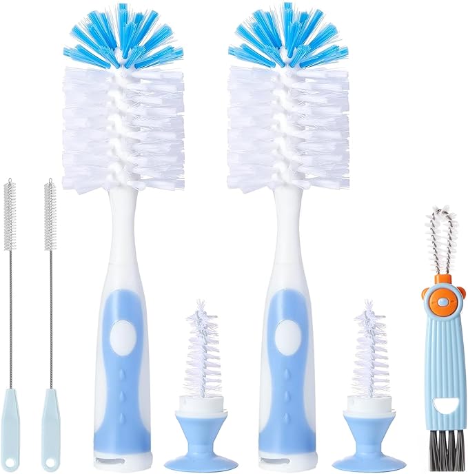 Baby Bottle Brush Set, Bottle Cleaner,2Pcs Bottle Brush with Stand, 2 Hidden Nipple Brush, 2 Straw Brush, 1 Lid Brush, Nylon Bottles Brush Cleaner for Baby Bottle, BPA-Free(Blue)