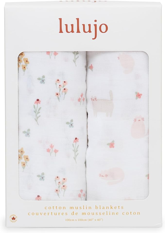 Lulujo Baby Swaddle Blankets | Unisex Softest Breathable Cotton Muslin Swaddle Blanket Set | Neutral Receiving Blanket for Girls & Boys | 40in x 40in | Kitty Cat & Flowers | 2-Count