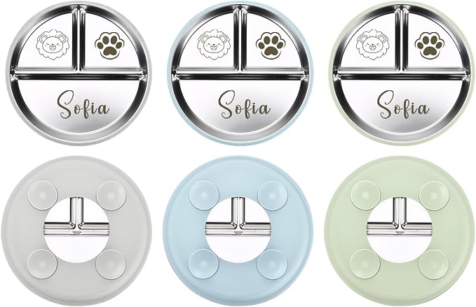 Personalized 3-Piece Personalized Stainless Steel Baby Divided Plates with Suction & Silicone Sleeve, Ideal for Showers & Birthdays,Baby Led Weaning Supplies, Dishwasher Safe (Gray Green Blue)