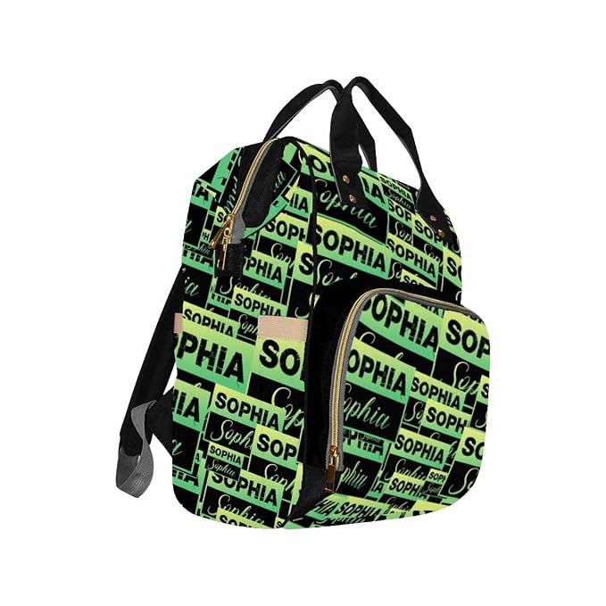 InterestPrint Custom Name Backpack, Personalized Green Label Logo Text Nappy Bags Customized Diapering Bag Backpack Casual Daypack Travel Shoulder Bag for Hiking Camping Work