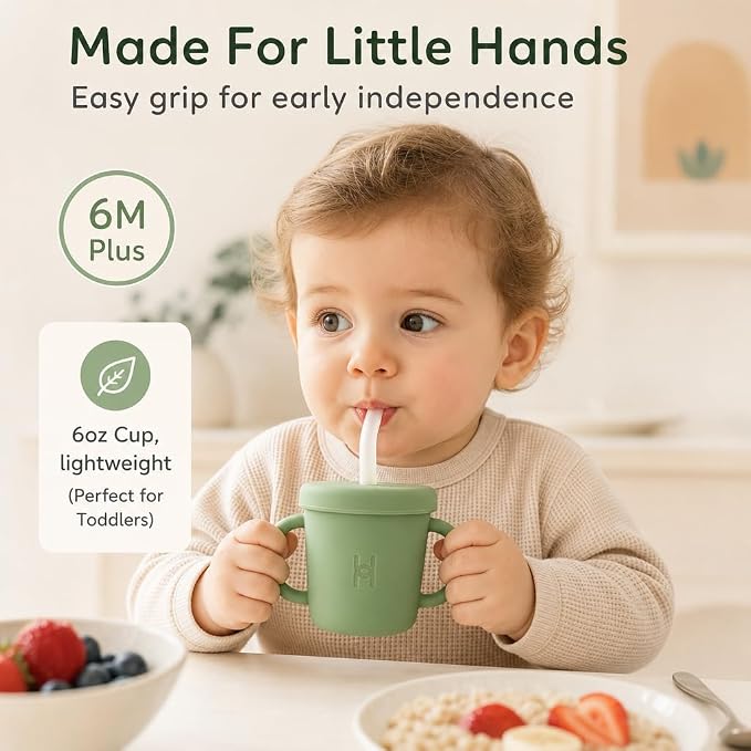 Stainless Steel Straw Cup for Toddlers 1-3, 6oz | Spill & Leak Proof Transition Cup, Sippy Cup Alternative | Clear Bendy Straw with Valve & 2 Handles | Baby Led Weaning | Dishwasher Safe