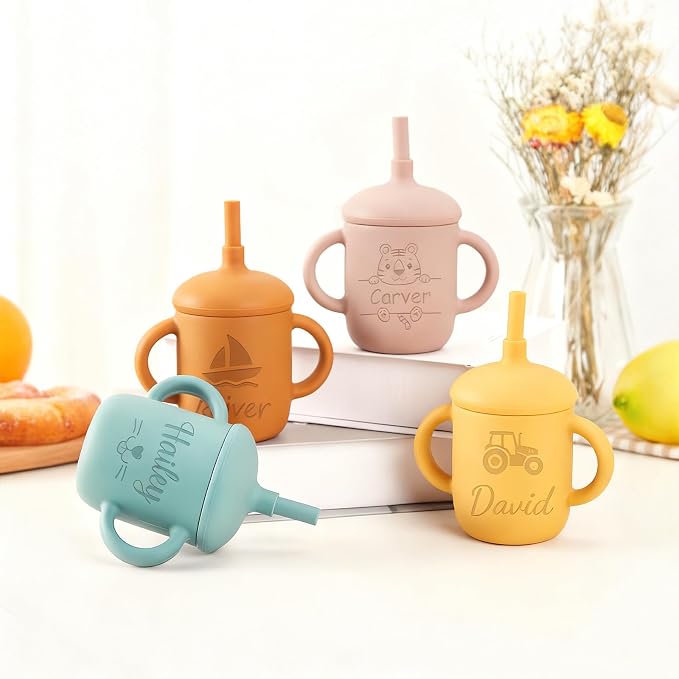 Personalized Silicone Baby Sippy Cup with Straw, Custom Engraved Name Leak-Proof 5oz Toddler Training Cup with Handle & Lid for 6+ Months