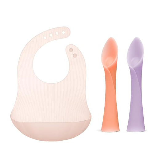 Olababy Training Spoon Set (Coral/Lilac) + Olababy Fold N Go Silicone Baby Bib w Travel Case (Coral)
