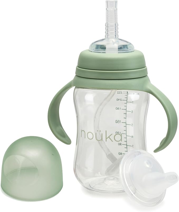 nouka Tritan Plastic Transitional Sippy Cup with Weighted Straw | Leak Proof and Easy Grip | Removable Handles | Moss