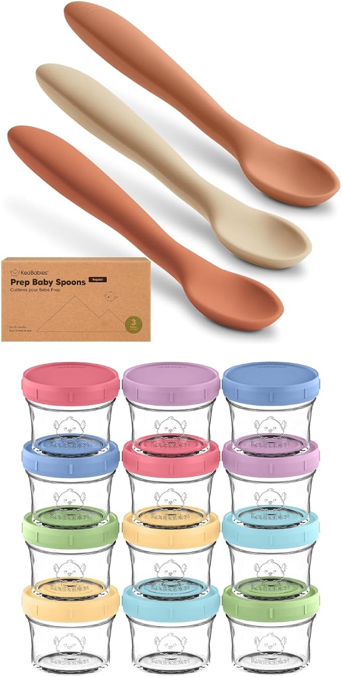 KeaBabies 3-Pack Silicone Baby Spoons and 12-Pack Baby Food Containers - Toddler First Food Training Spoon - 4 oz Leak-Proof, Microwavable Feeding Container