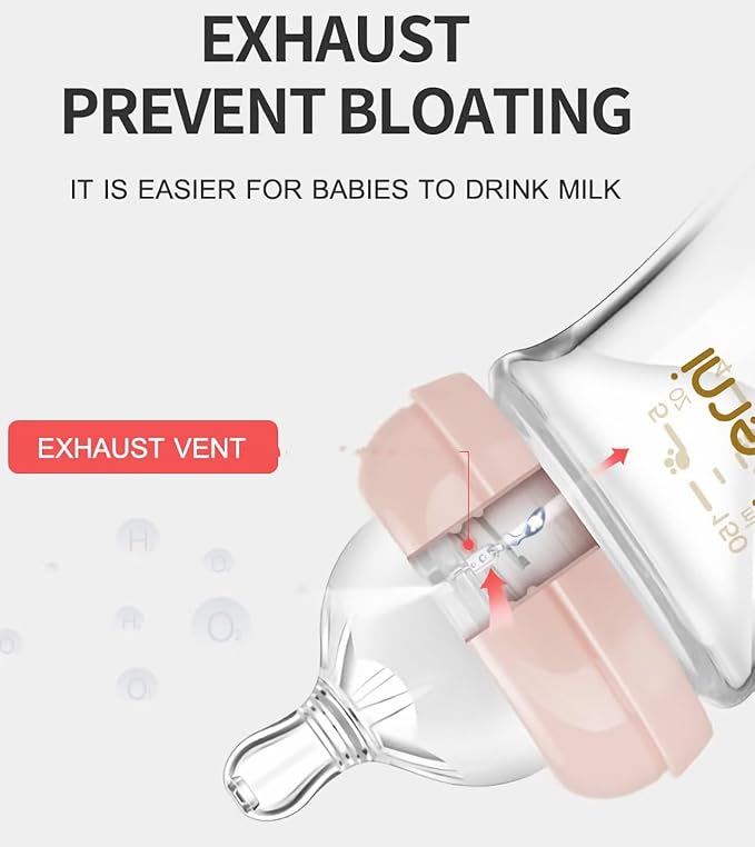 Oberni Glass Baby Bottles,Anti Colic Breastfeeding Bottle with Natural Response Nipple Size S,Wide Neck Slow Flow Baby Bottle for Baby,Newborn,Preemie 0-3 0-6 Month,BPA Free (Pink, 5 Ounceï¼? Pack)