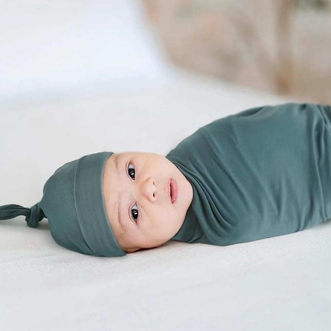 GRSSDER Newborn Swaddle Blanket, Ultra Soft Jersey Receiving Blanket with Matching Headband and Beanie Set 33×44", Stretchy Baby Neutral Swaddle Wrap for Girls and Boys