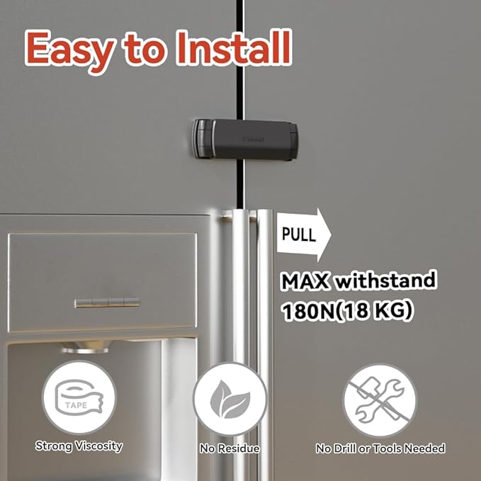 Mom's Choice Gold Awards Winner - EUDEMON 1 Pack Latest French Fridge Lock French Door Refrigerator/Freezer Lock Apply to Max 3.54"(90mm) Two Door Gap Distance for Kids & Babies,Easy to Install(Black)