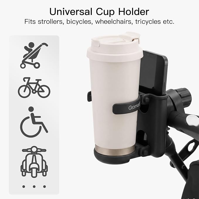 Gromast 2 in 1 Foldable Stroller Cup Holder + Phone Holder, 360°Rotatable with Adjustable Clip, Universal Cup Holder for Baby Stroller, Tricycle - Black