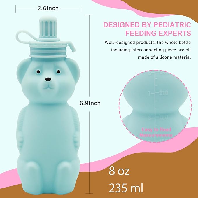 Mootikar Honey Bear Silicone Straw Cup, Babies Water Drinking Cup, 8-Ounce Therapy Sippy Bottles for Speech and Feeding Training, BPA Free & Dishwasher Safe (AQUA)