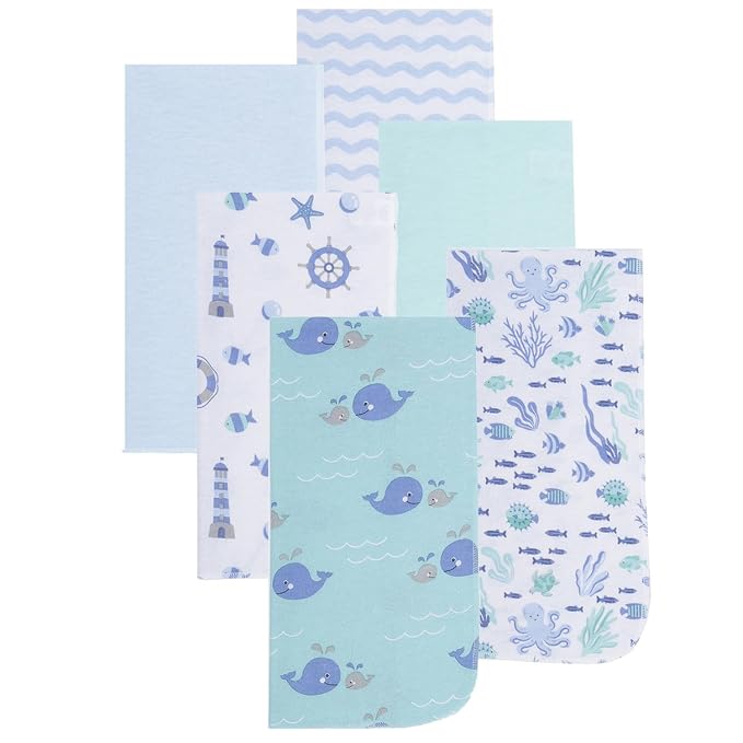 EVERYDAY KIDS 12 Pack Burp Cloths for Baby Boy; Newborn Essential with - Large Absorbent Cotton Flannel Blue/Teal Burping Cloths for Babies with Ocean, Sea Shells, Sailboats and Fish Prints and Solids