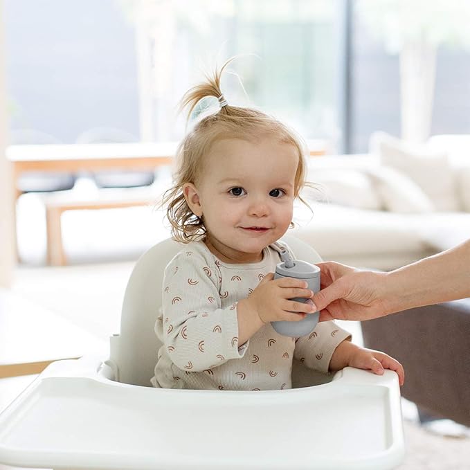 ezpz Mini Cup + Straw Training System (Pewter) - 9 Months+ - 100% Silicone Training Cup for Infants + Toddlers - Designed by a Pediatric Feeding Specialist
