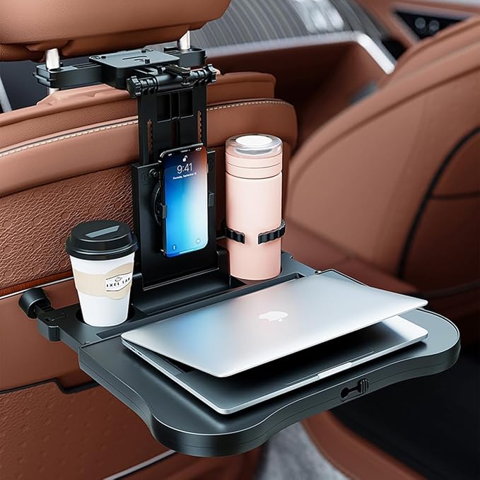 Car Back Seat Tray Table - Stable Foldable Auto Backseat Food Trays Desk for Rear Passenger Road Trip Eating & Work, Multifunctional Adjustable Travel Tray with Phone Drink Holder for Laptop iPad