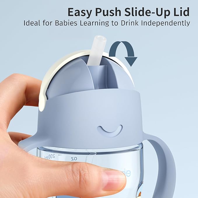 Evorie Tritan Weighted Straw Sippy Cup with Handles for Baby and Toddlers, Spill Proof Baby Water Bottle with Straw for 6 months and up, 7 Oz, Infant Training Water Bottle (Puppy Blue)