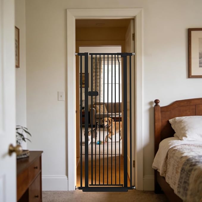 Lumizone Extra Tall Cat Gate 61.02" High Pressure Mounted 26.18"-29.91" Extra Wide 1.37" Gap No Drilling Auto-Close One-Handed Operation Tall Pet Gate for Dogs(Black, 61.02" H x 26.18"-29.91" W)