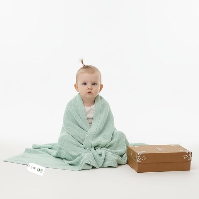 100% Organic Cotton Baby Knitted Blanket with Gift Box - Soft Toddler, Crib, Stroller Blanket - Neutral Swaddle and Receiving Blanket for Newborns, 30"x40", Sage