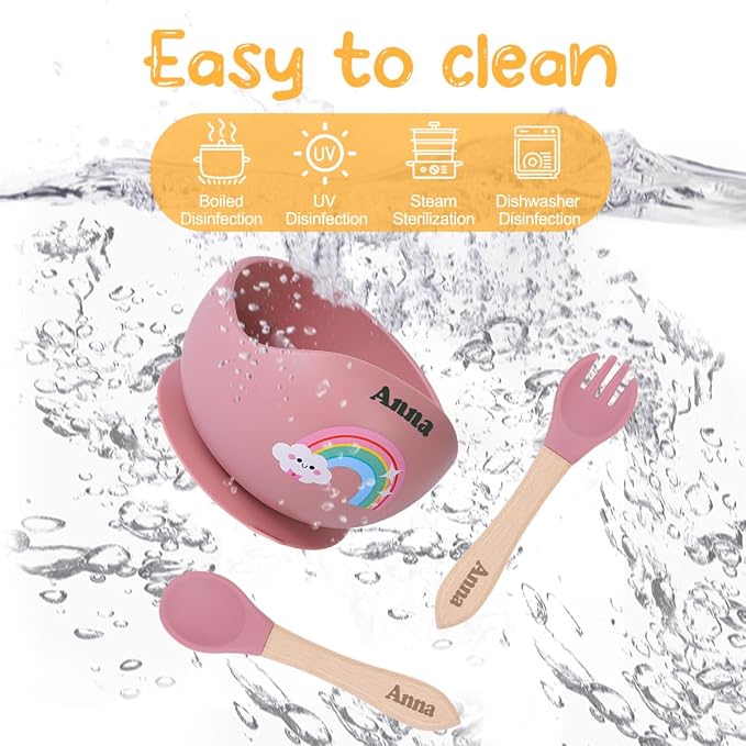 TYRY.HU Personalized Baby Bowl with Suction with Name, Baby Spoon and Fork with Name, Baby Led Weaning Supplies, Silicone Baby Feeding Set (Pink)