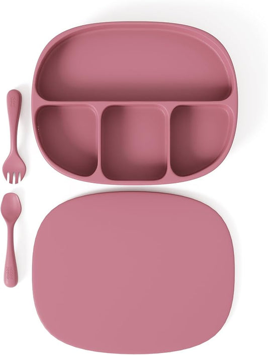 Baby Necessities Set with Suction Plates for Baby led Weaning Supplies in Pink Color including Kids forks and Spoons - (3 Pieces) made with Safe Silicone Baby Feeding Set